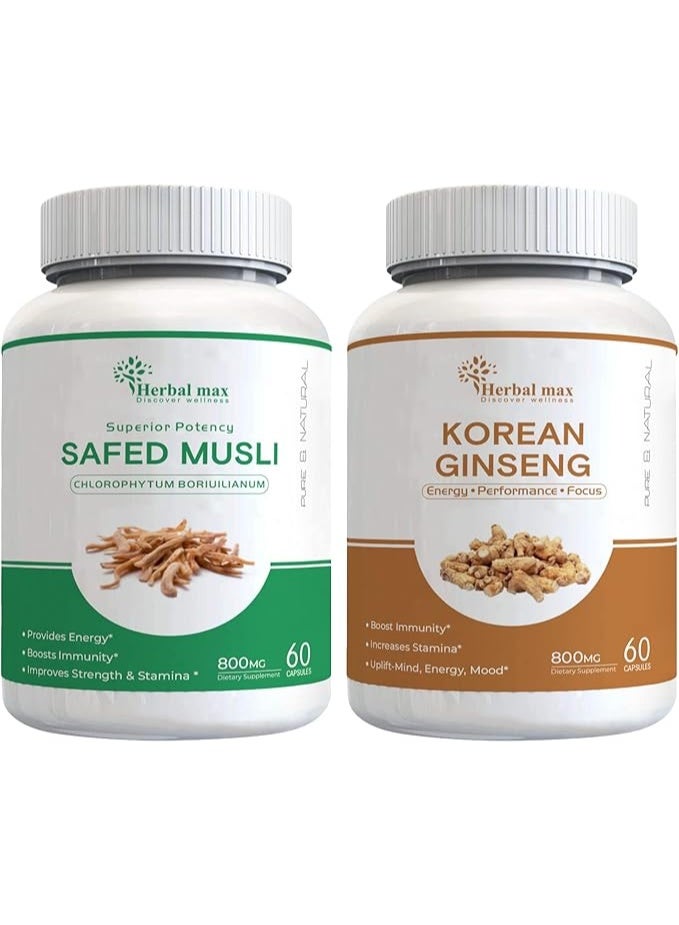 Herbal max Safed Musli Extract 800 mg 60 Capsule with Korean Ginseng Capsule combo