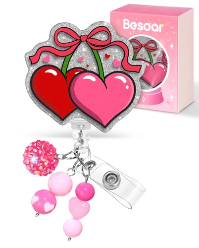 Besoar Valentine Badge Reel Holder Clip - Cute Heart Pink Cherries Retractable ID Name Card Badge Reel with Charm Alligator Clip, Office Nurse Nursing Medical Worker Student Accessories Gifts - Image 1