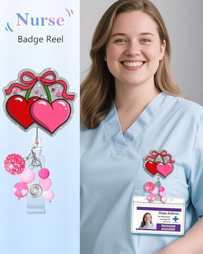 Besoar Valentine Badge Reel Holder Clip - Cute Heart Pink Cherries Retractable ID Name Card Badge Reel with Charm Alligator Clip, Office Nurse Nursing Medical Worker Student Accessories Gifts - Image 2