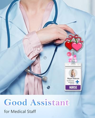 Besoar Valentine Badge Reel Holder Clip - Cute Heart Pink Cherries Retractable ID Name Card Badge Reel with Charm Alligator Clip, Office Nurse Nursing Medical Worker Student Accessories Gifts - Image 5