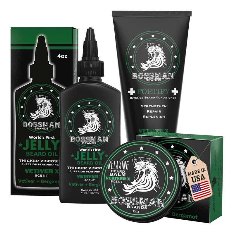 Bossman Essentials Beard Kit for Men  Beard Oil Jelly Fortifying Conditioner Cream  Beard Balm  Grooming Care Accessories Vetiver X Scent