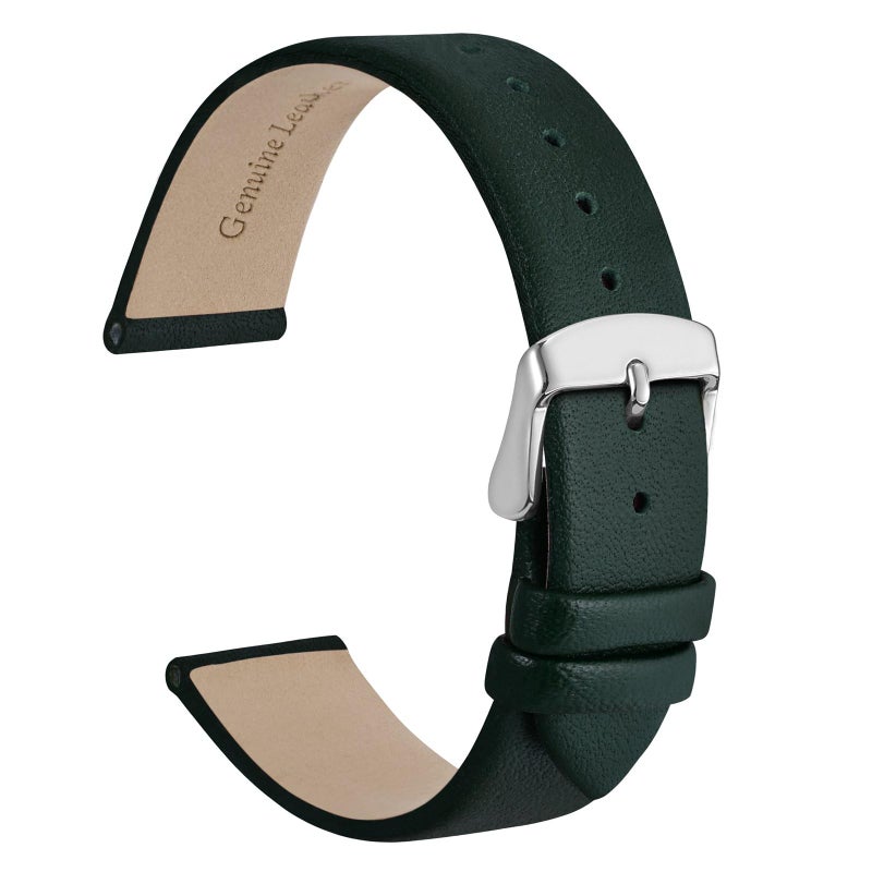 WOCCI 14mm Lug Width, Elegant Watch Band, Genuine Leather Replacement Strap with Silver Buckle (Dark Green) - Image 1