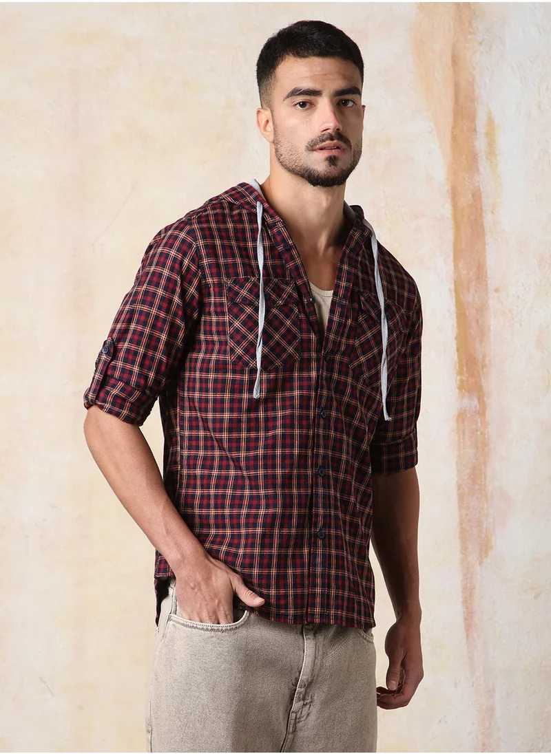 هاي ستار Men Regular Fit Spread Collar Tartan Checked Cotton Hooded Casual Shirt