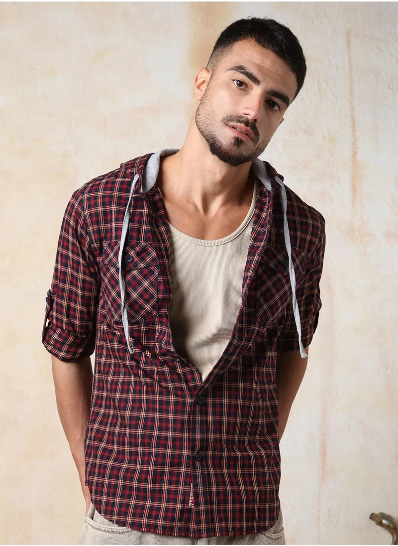 هاي ستار Men Regular Fit Spread Collar Tartan Checked Cotton Hooded Casual Shirt