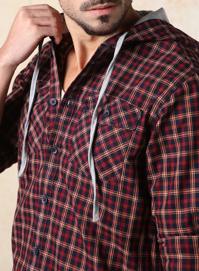 HIGH STAR Men Regular Fit Spread Collar Tartan Checked Cotton Hooded Casual Shirt
