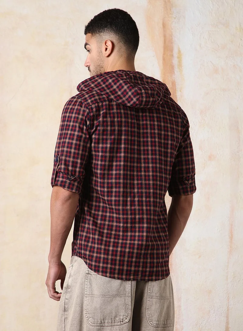 HIGH STAR Men Regular Fit Spread Collar Tartan Checked Cotton Hooded Casual Shirt