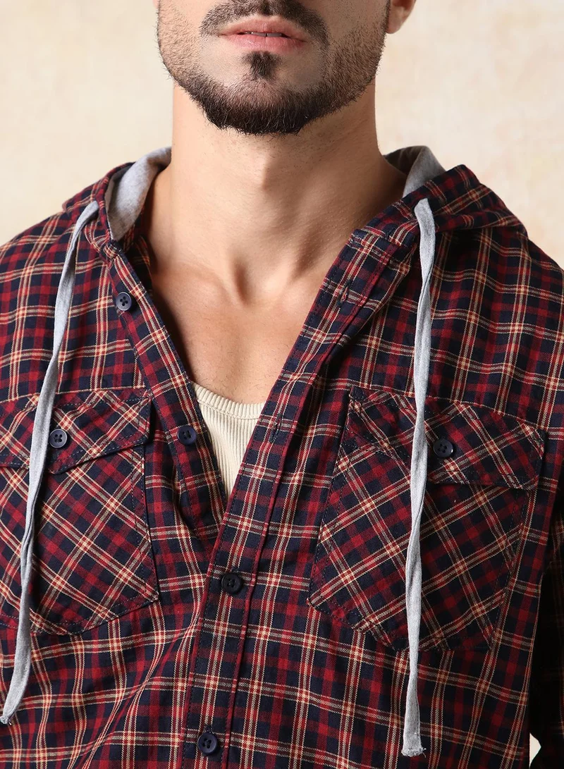 HIGH STAR Men Regular Fit Spread Collar Tartan Checked Cotton Hooded Casual Shirt