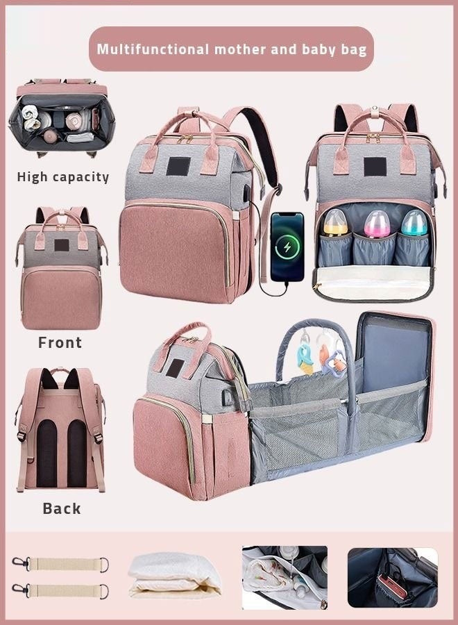 حقيبة ظهر لحفاضات الأطفال، محطة تغيير حفاضات متعددة الوظائف وشريط ألعاب للأنشطة الخارجية والسفر، هدايا استحمام للأطفال، سعة كبيرة، كابل USB - Image 1