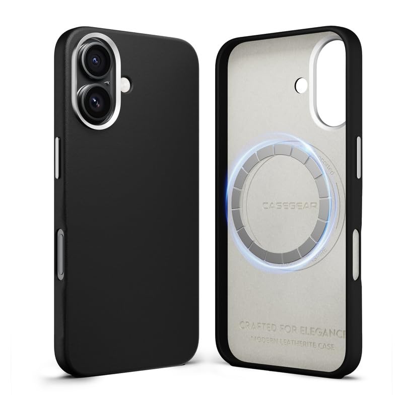 CASEGEAR Modern Leatherite Case Compatible with iPhone 16 Plus | 10.8 Feet Drop Protection | Compatible with MagSafe | Metal Camera Ring and Tactile Buttons | Raven Black - Image 1