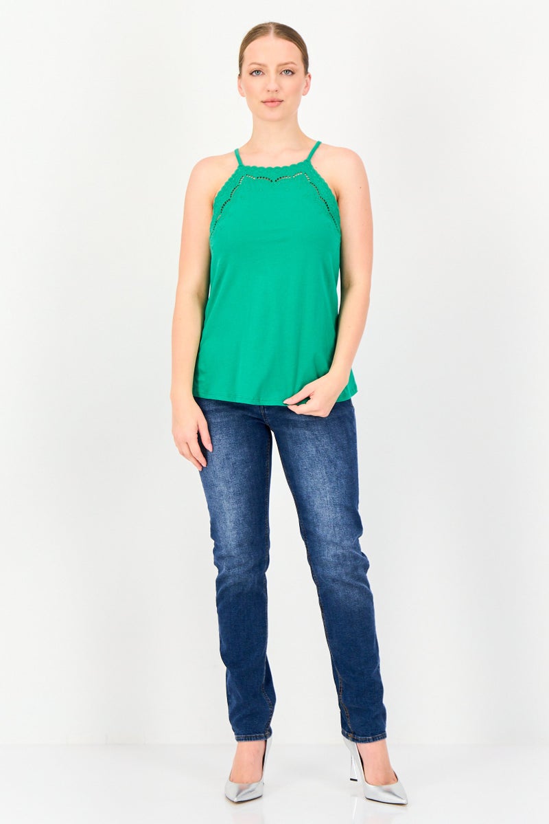 promod Women Square Neck Sleeveless Embroidered Camisole Top, Green - Image 3