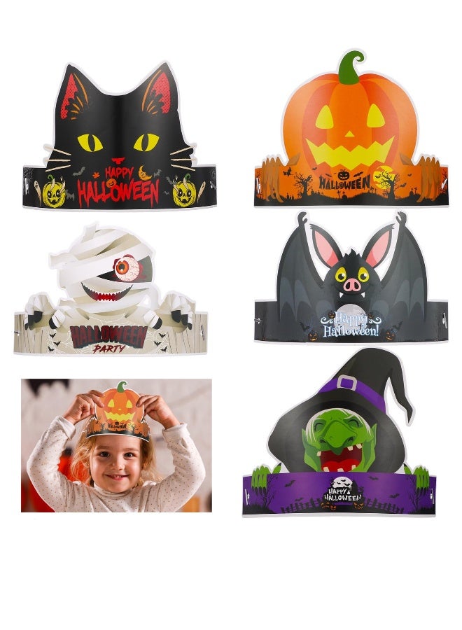 24 Pcs Witch Hat Halloween Party Hats Funny Paper Halloween Decorations Pumpkin Cat Witch Bats Cosplay Props Party Supplies Adjustable Paper Hats for for Kids Adult Party 6 Styles - Image 1