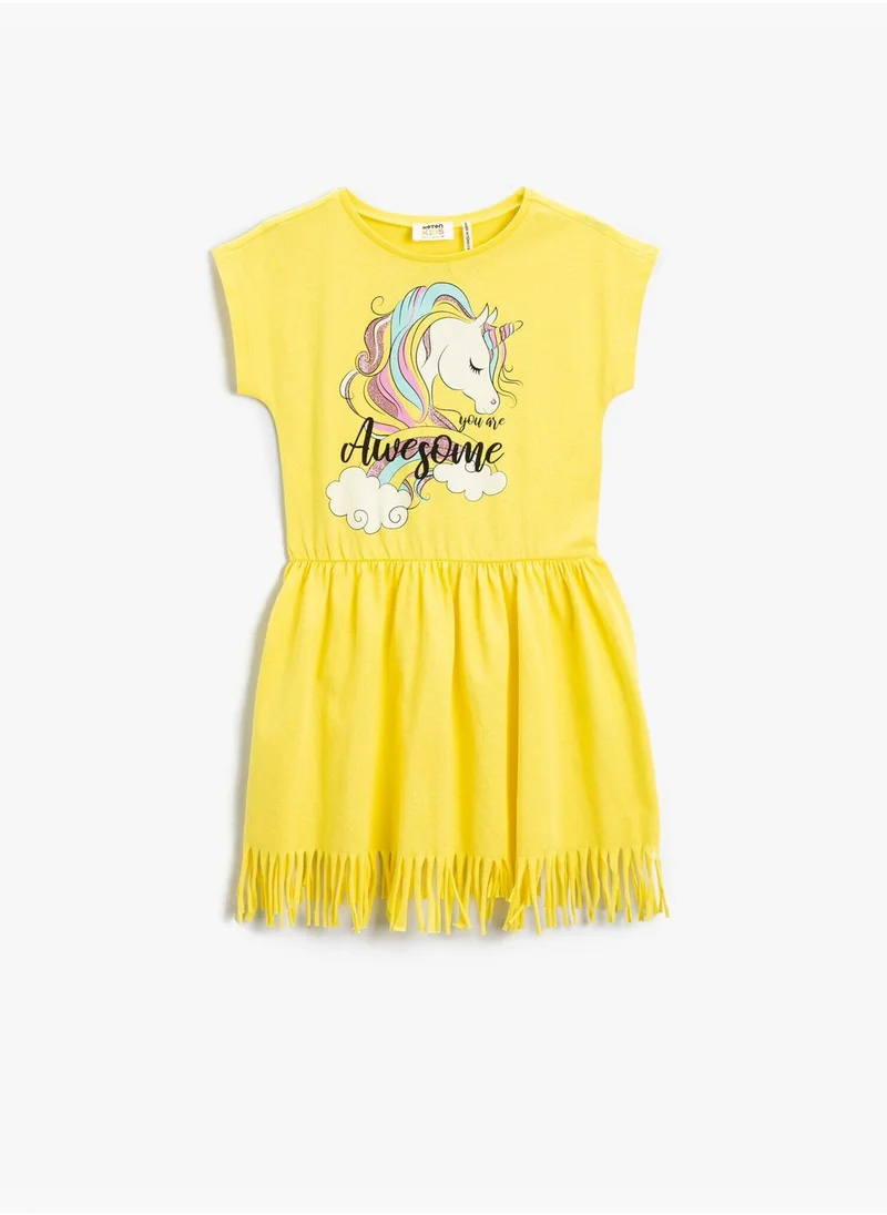 كوتون Tasseled Unicorn Printed Short Sleeve Dress Crew Neck Cotton