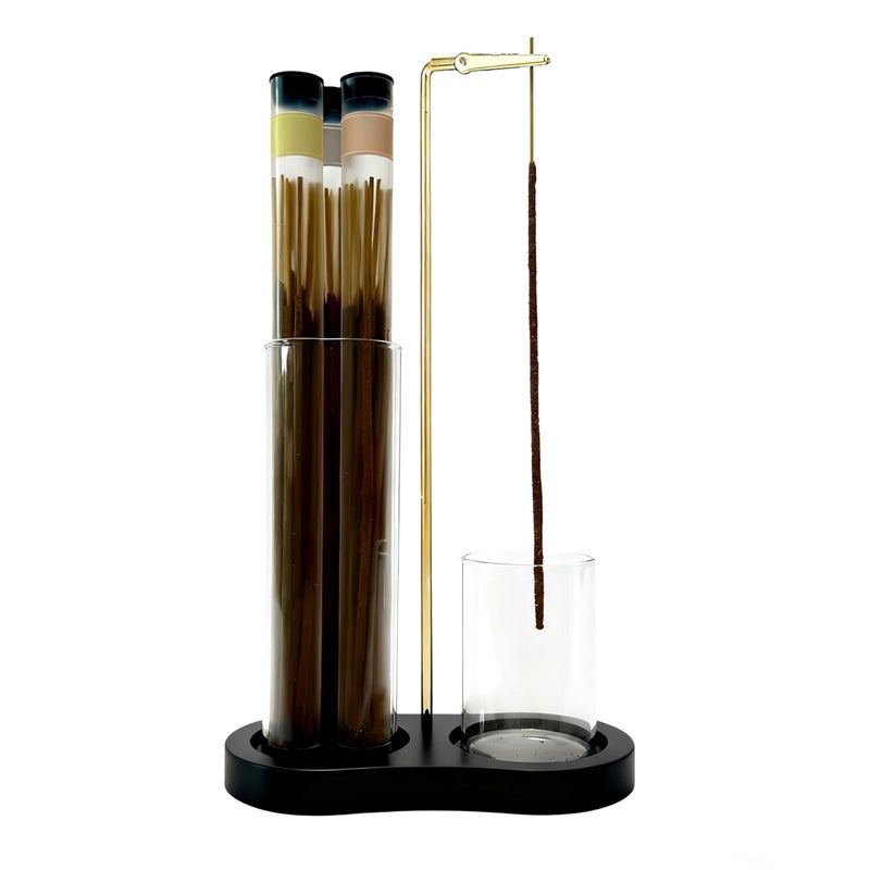 Moocervi Glass Incense Holder, Incense Sticks Burner Holder with Storage,Hang Upside Down Incense Holder for Sticks with Glass Ash Catcher for Meditation Yoga Spa Room Decor (Black Color) - Image 1