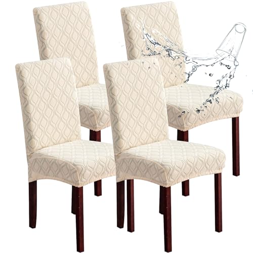 Genina Waterproof Chair Covers for Dining Room Stretch Jacquard Dining Chair Slipcovers Removable Washable Chair Protector for Kitchen Parsons JacquardBeige 4 PCS - Image 1
