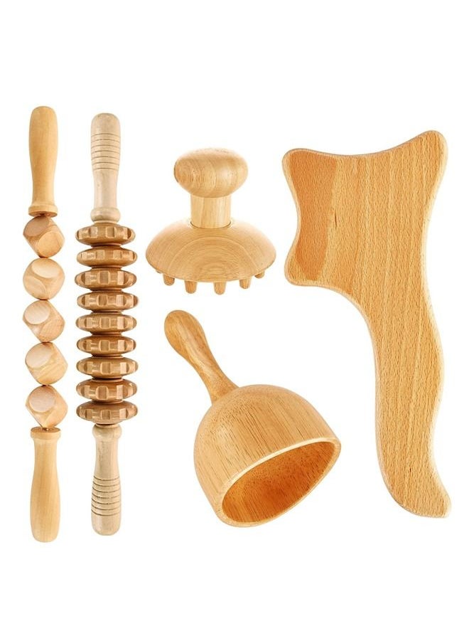 Arabest 5 in 1 Wood Therapy Massage Tools,Wooden Body Gua Sha Tool Set, Lymphatic Drainage Massager Anti Cellulite Fascial Massage Roller Stick for Body Shaping  - Image 1