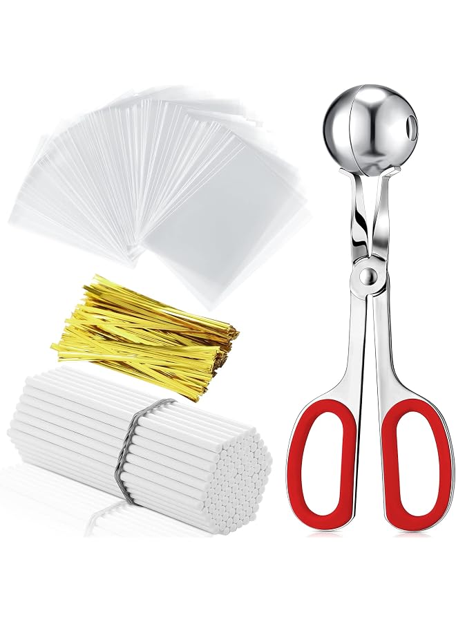 S-TOP Lollipop Cake Pop Treat Bag Set Include 100 Parcel Bags 100 Papery Treat Sticks Metallic Twist Ties Meat Baller with Handles Cake Pops Making Tools for Candies, Chocolates and Cookies (Red) - Image 1