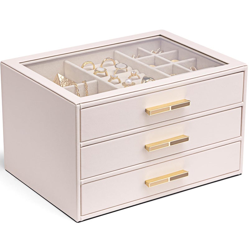 VLANDO Jewelry Box for Women Glass Lid Jewelry Organizer with 3 Drawers for Necklaces Rings Earrings Bracelets Light Pink - Image 2