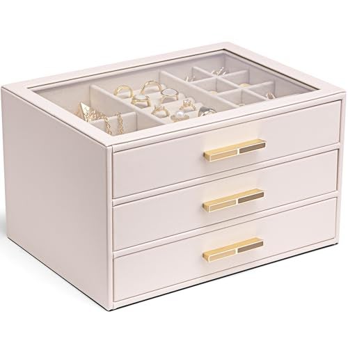 VLANDO Jewelry Box for Women Glass Lid Jewelry Organizer with 3 Drawers for Necklaces Rings Earrings Bracelets Light Pink - Image 1