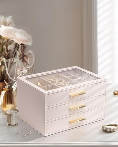 VLANDO Jewelry Box for Women Glass Lid Jewelry Organizer with 3 Drawers for Necklaces Rings Earrings Bracelets Light Pink - Image 3