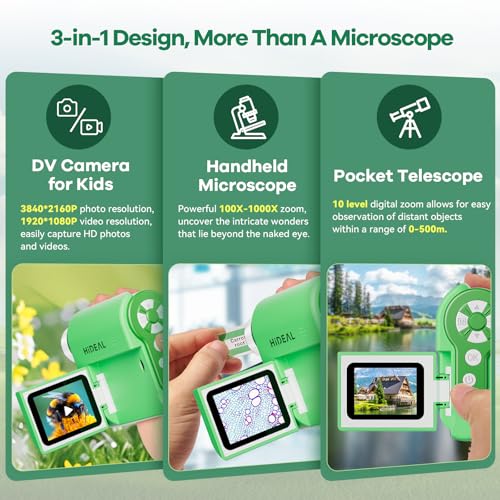 Hideal HP20 IPS Microscope for Kids 3in1 Easy and Fun 2 Portable Handheld Microscope Miniscope Pocket Mini Scope Educational Science Kit Christmas Birthday Gifts for Kids 32GB Green - Image 5