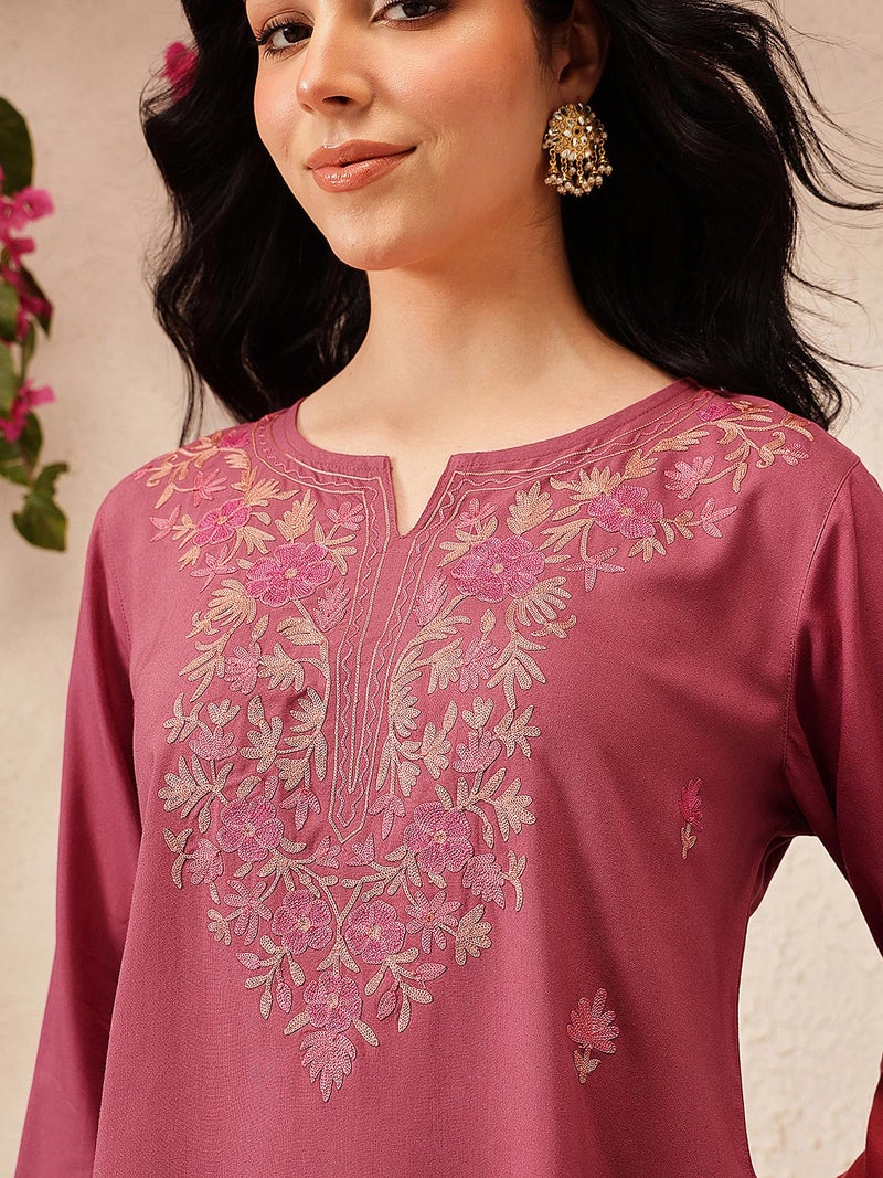 QAZMI Women's Kashmiri A-Line Flared Kurti_2XL Pink - Image 5
