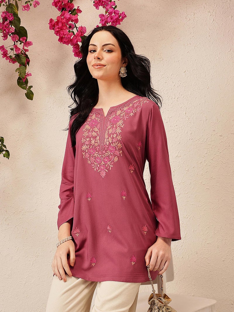 QAZMI Women's Kashmiri A-Line Flared Kurti_2XL Pink - Image 2