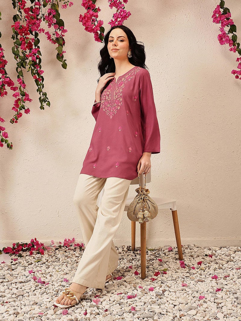 QAZMI Women's Kashmiri A-Line Flared Kurti_2XL Pink - Image 3