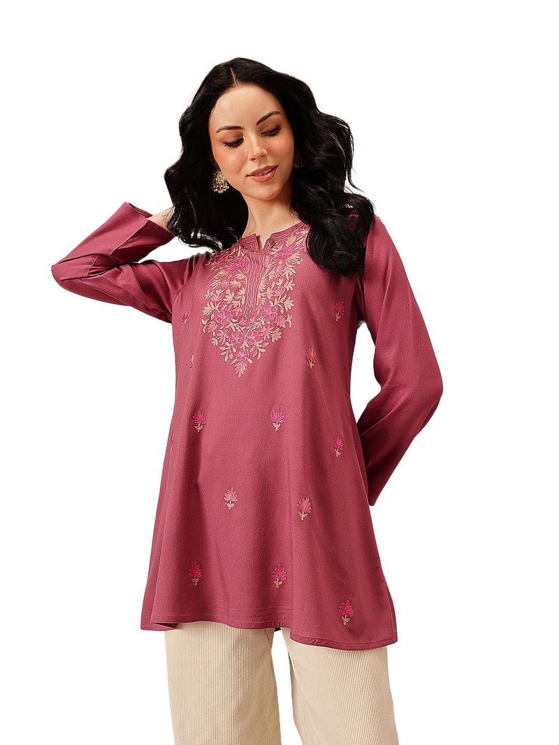 QAZMI Women's Kashmiri A-Line Flared Kurti_2XL Pink - Image 1