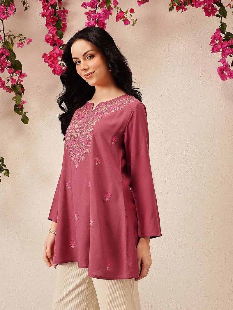 QAZMI Women's Kashmiri A-Line Flared Kurti_2XL Pink - Image 4