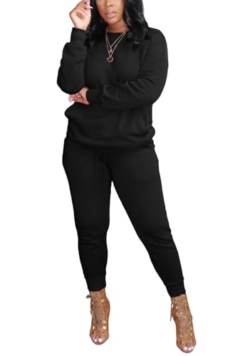 HBQ Two Piece Outfits For Women Casual Long Sleeve Sweatsuits Jogger Tracksuits Lounge Sets With Pockets-Black Solid-XL - Image 2