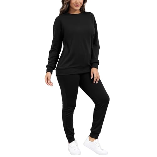 HBQ Two Piece Outfits For Women Casual Long Sleeve Sweatsuits Jogger Tracksuits Lounge Sets With Pockets-Black Solid-XL - Image 3