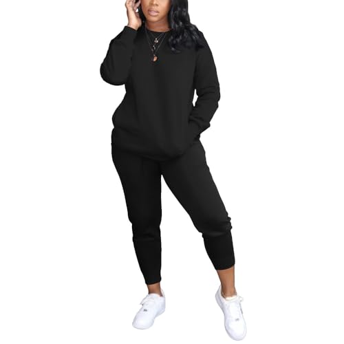 HBQ Two Piece Outfits For Women Casual Long Sleeve Sweatsuits Jogger Tracksuits Lounge Sets With Pockets-Black Solid-XL - Image 5