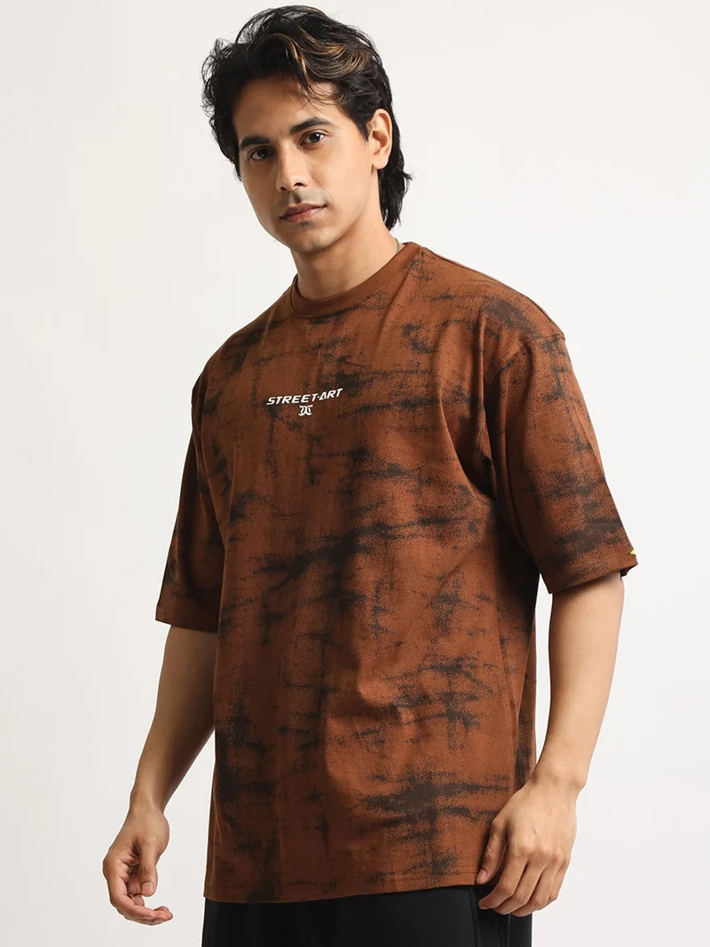 Maniac  Maniac Mens Bubblegum Printed Round Neck Raglan Half Sleeve Cream and Black Cotton Tshirt for Men | Best Price UAE