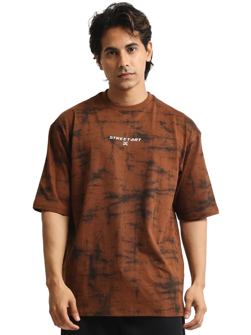 مانياك Maniac Mens Bubblegum Printed Round Neck Raglan Half Sleeve Cream and Black Cotton Tshirt