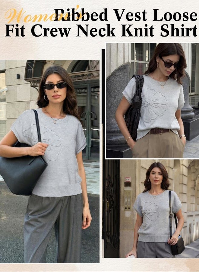 Cuffbow Women Knit Sweater Short Sleeve Ribbed Vest Loose Fit Crew Neck Knit Shirt Floral Pullover Casual Cap Sleeve Top, Grey, S - Image 4