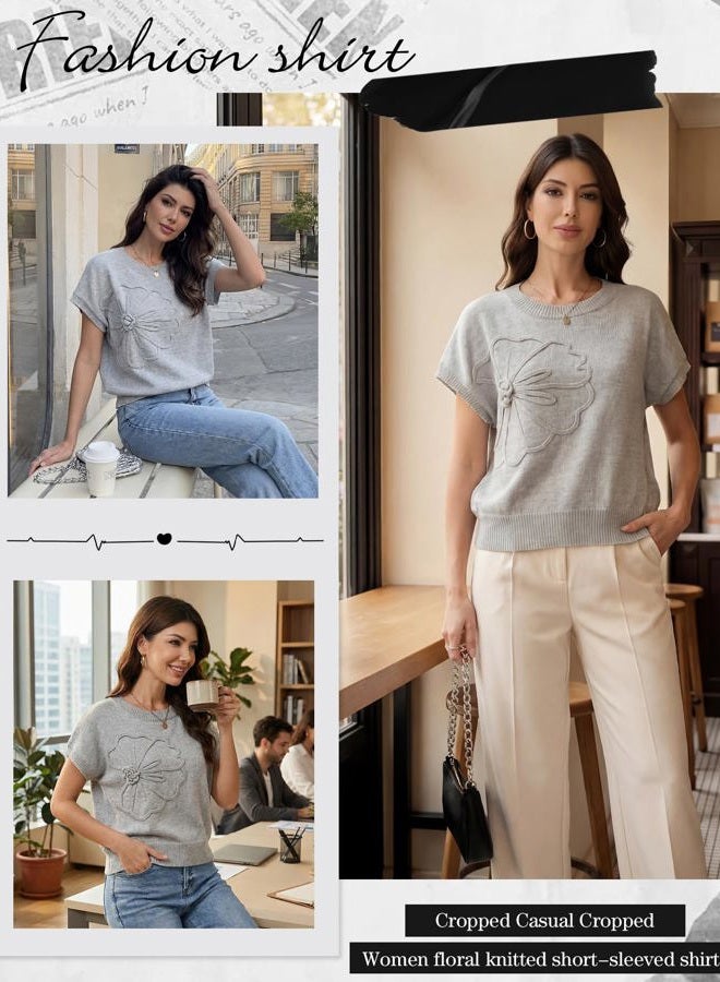 Cuffbow Women Knit Sweater Short Sleeve Ribbed Vest Loose Fit Crew Neck Knit Shirt Floral Pullover Casual Cap Sleeve Top, Grey, S - Image 3