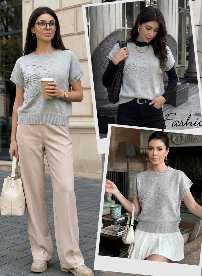 Cuffbow Women Knit Sweater Short Sleeve Ribbed Vest Loose Fit Crew Neck Knit Shirt Floral Pullover Casual Cap Sleeve Top, Grey, S - Image 2