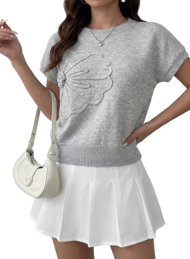 Cuffbow Women Knit Sweater Short Sleeve Ribbed Vest Loose Fit Crew Neck Knit Shirt Floral Pullover Casual Cap Sleeve Top, Grey, S - Image 1