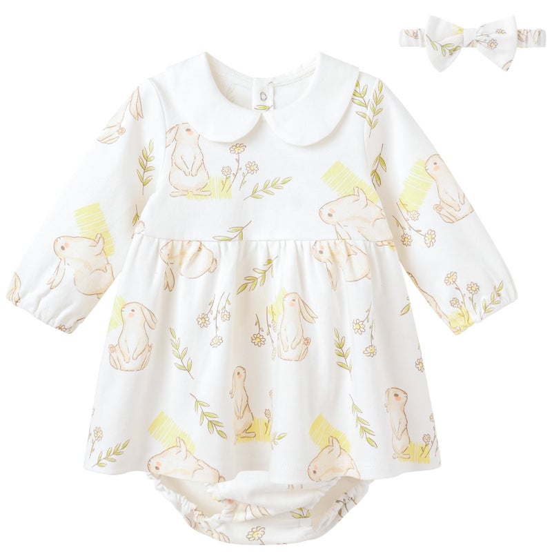 pureborn Baby Toddler Girl Dress with Bloomer Short and Long Sleeve Playwear Dress with Diaper Cover, Field Rabbit, 0-3 Months - Image 1