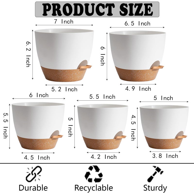 SE SUN-E Indoor Plant Pots for Lazy People, 5Pack White Plastic Self Watering Planter Pots for Houseplants,Succulent, African Violets,Snake Plants, Flowers and Cactus(7/6.5/6/5.5/5 Inch) - Image 3