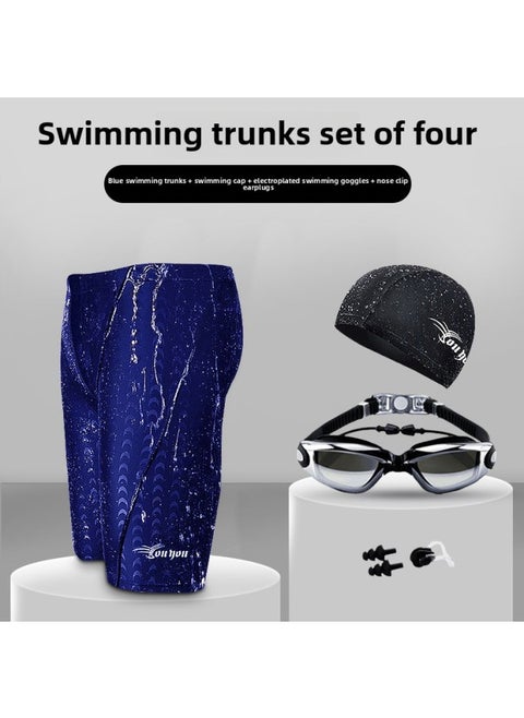 Swimming Trunks Men's Five-point Anti-embarrassment Boxer Quick-drying Plus Size Swimming Equipment Suit Swimming Trunks Swimming Cap Swimming Goggles Three-piece Set-Color:Electroplating Blue Four-piece Set-