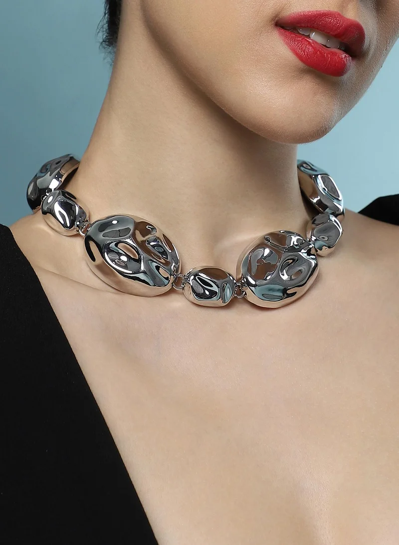 SOHI SOHI Women The Chunky Dented-Pierre Collar Necklace | Chrome  Colour | One-Size | Metallic Alloy Material | Lobster Clasp Closure | Necklace For Casual & Evening Wear