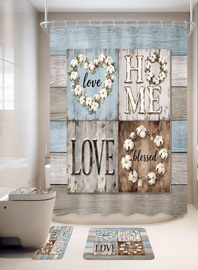Ufeela 4 PCS Rustic Floral Flower Complete Bathroom Set Shower Curtain and Rugs 72Wx72H Inch Farmhouse Wood Country Non-Slip Bath Rug Toilet Lid Cover U Shape Mat Accessories 12 Hooks Bathoom Decor - Image 3