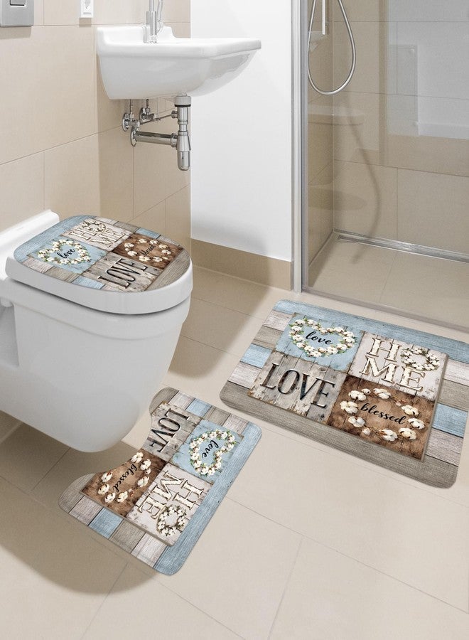 Ufeela 4 PCS Rustic Floral Flower Complete Bathroom Set Shower Curtain and Rugs 72Wx72H Inch Farmhouse Wood Country Non-Slip Bath Rug Toilet Lid Cover U Shape Mat Accessories 12 Hooks Bathoom Decor - Image 2