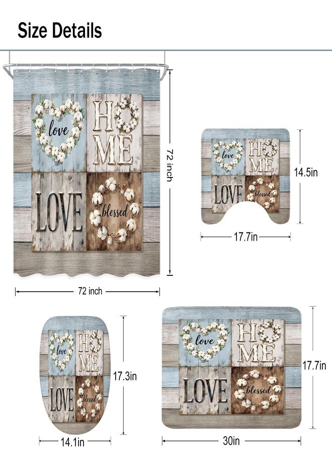 Ufeela 4 PCS Rustic Floral Flower Complete Bathroom Set Shower Curtain and Rugs 72Wx72H Inch Farmhouse Wood Country Non-Slip Bath Rug Toilet Lid Cover U Shape Mat Accessories 12 Hooks Bathoom Decor - Image 5