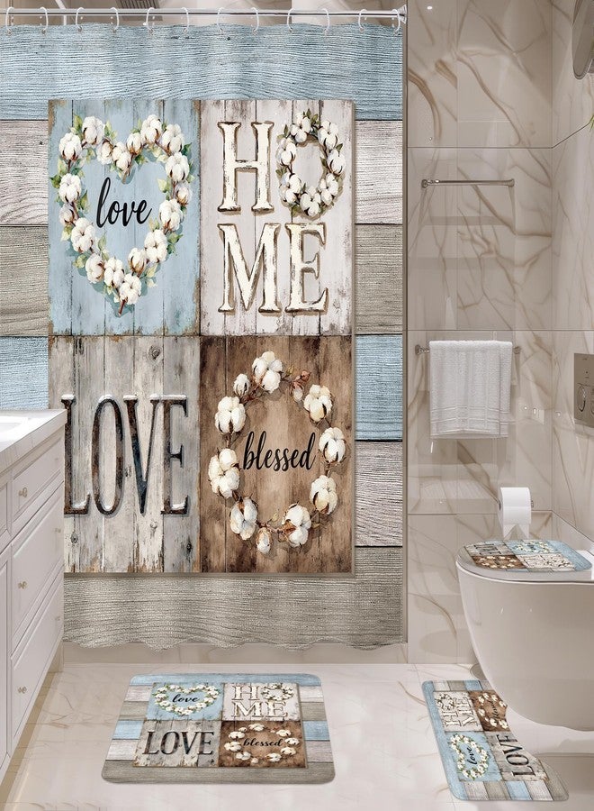 Ufeela 4 PCS Rustic Floral Flower Complete Bathroom Set Shower Curtain and Rugs 72Wx72H Inch Farmhouse Wood Country Non-Slip Bath Rug Toilet Lid Cover U Shape Mat Accessories 12 Hooks Bathoom Decor - Image 4