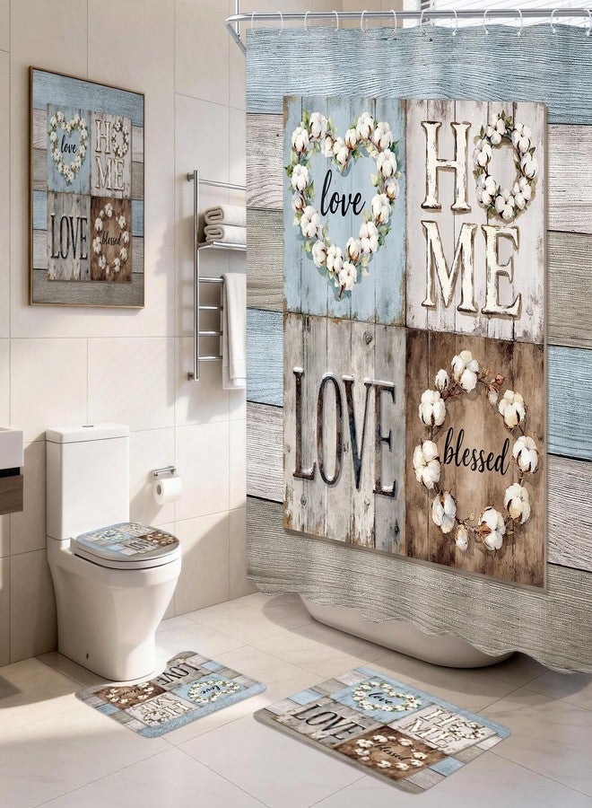 Ufeela 4 PCS Rustic Floral Flower Complete Bathroom Set Shower Curtain and Rugs 72Wx72H Inch Farmhouse Wood Country Non-Slip Bath Rug Toilet Lid Cover U Shape Mat Accessories 12 Hooks Bathoom Decor - Image 1