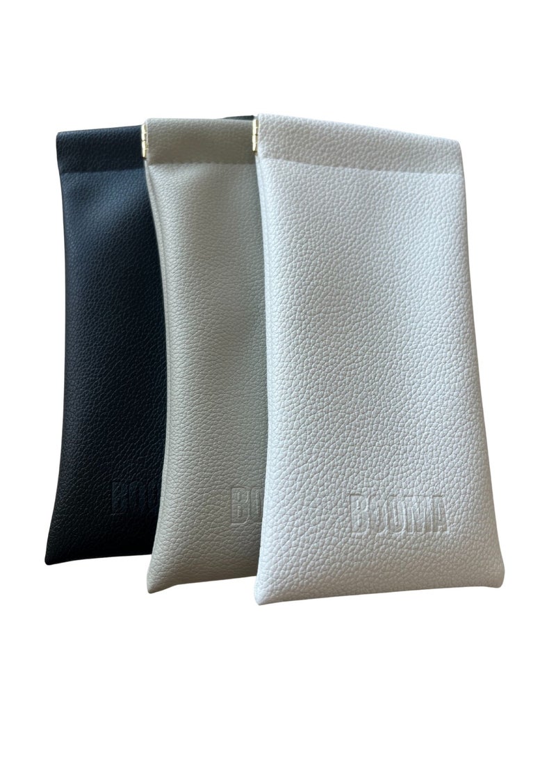 Booma Opticals PREMIUM High -End Soft Glasses Case,High Quality  Soft Leather feel, Gold metal squeeze pop opening. Sunglasses Bag for Men & Women: Elegant Beige, Embossed Booma logo, Useful as Glasses pouch or Storage of personal items & Travel. 3 Classy colors: Beige, Black. or White. - Image 5