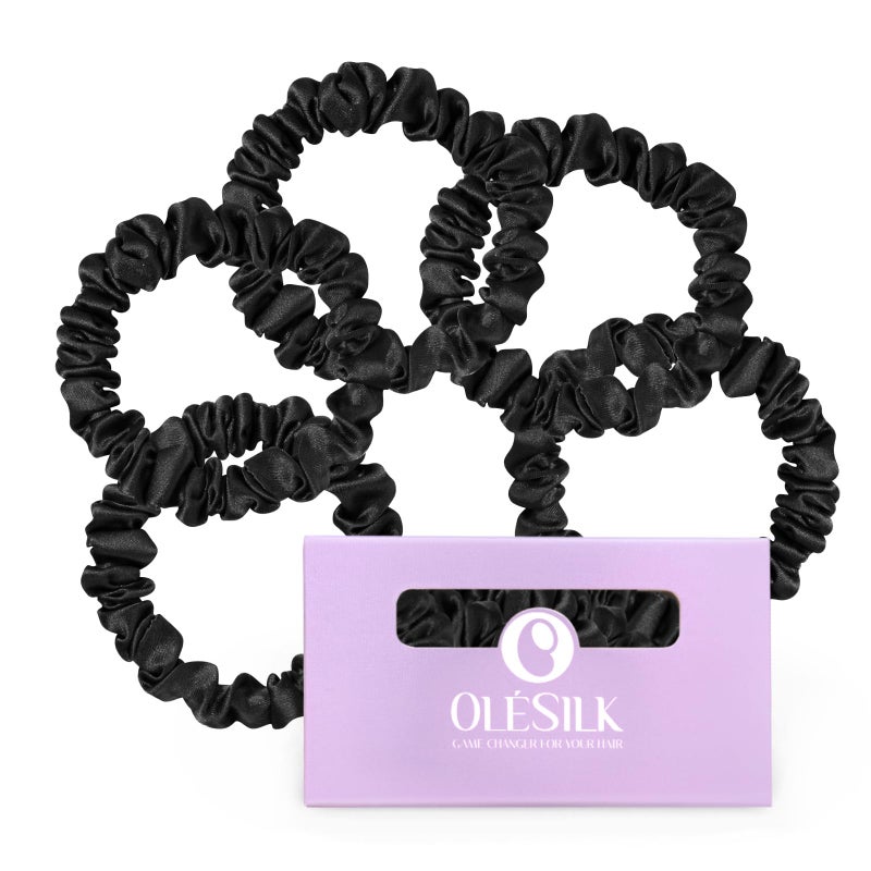 OLESILK Silk Hair Ties for Women 100 Mulberry Skinny Silk Scrunchies Soft Smooth No Damage No Crease for Thin Fine Curly Hair 5 Pack Black