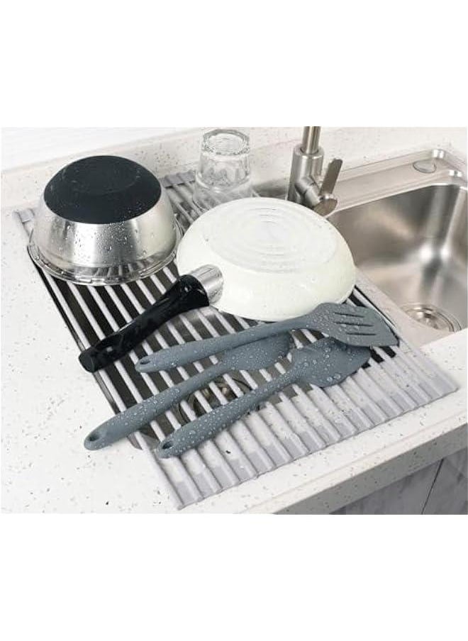 HOOKOR Over The Sink Dish Drying Rack, Roll Up Dish Drying Rack Kitchen Dish Rack Stainless Steel Sink Drying Rack, Foldable Dish Drainer, Gray (20.5x13.1)  - Image 3